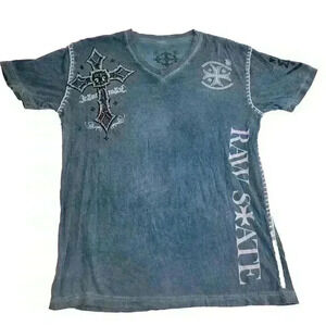 Raw State XL T-shirt Men's Blue Grunge Y2k Punk Cross Wings Vengeance Rock Metal